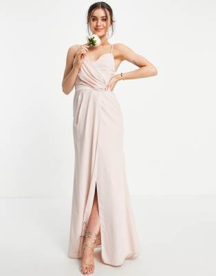 Нежно-розовое платье макси на бретельках, с драпировкой и запахом ASOS DESIGN Bridesmaid-Розовый цвет