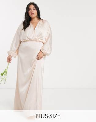 Нежно-розовое сатиновое платье макси с длинными рукавами TFNC Plus Bridesmaid-Белый