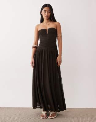 NIA Abbott Kinney strapless floaty midaxi dress in chocolate brown