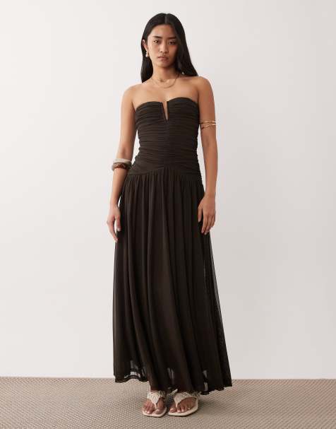 NIA Abbott Kinney strapless floaty midaxi dress in chocolate brown - view 1