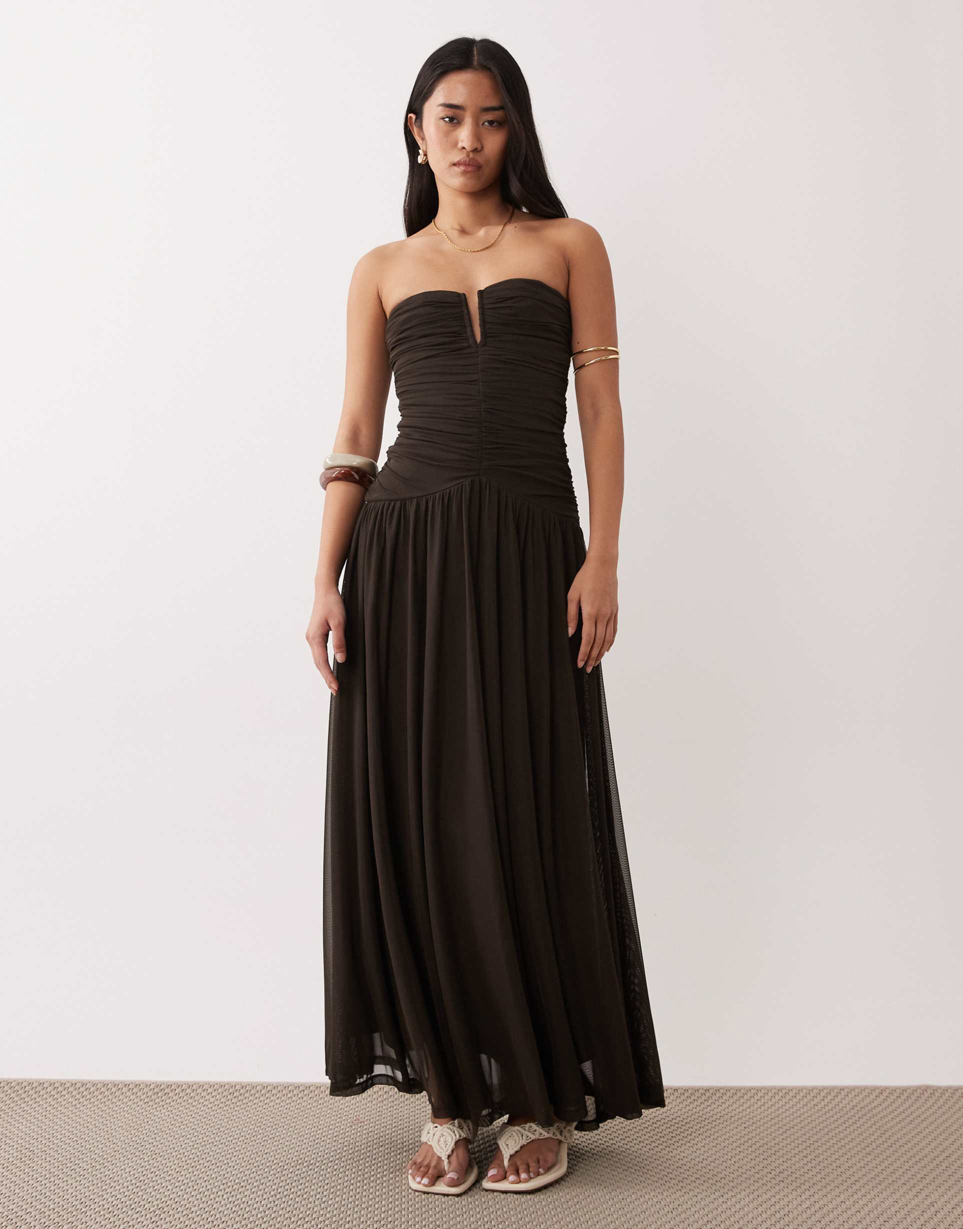 nia abbott kinney strapless floaty midaxi dress in chocolate brown