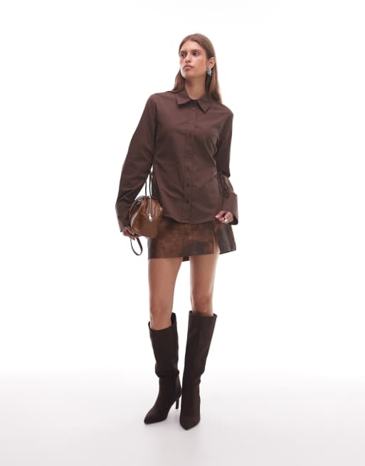 NIA Alara tie detail shirt in brown, 2 of 4