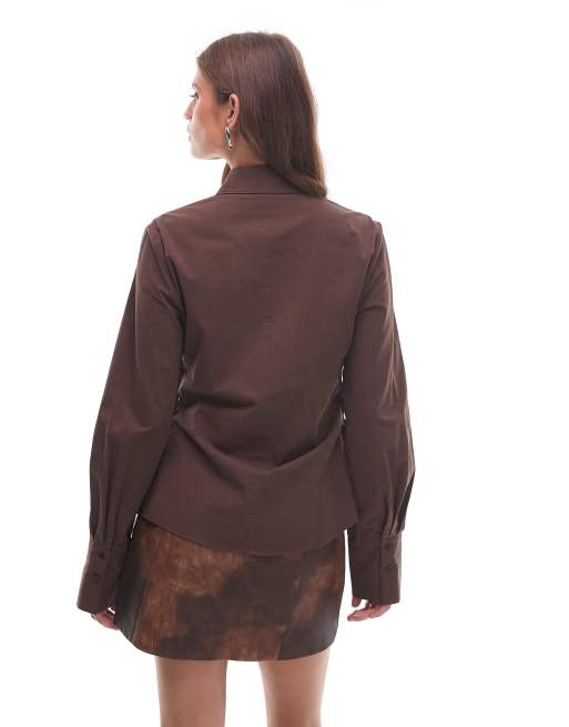 NIA Alara tie detail shirt in brown, 4 of 4