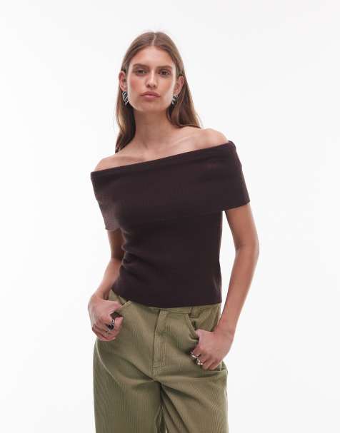 NIA Annemarie off the shoulder knit sweater in espresso 