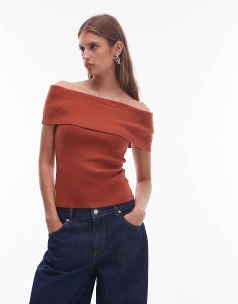 NIA Annemarie off the shoulder knit sweater in rust 