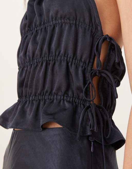 NIA Balboa co-ord shirreds satin halter neck top in navy, 4 of 4