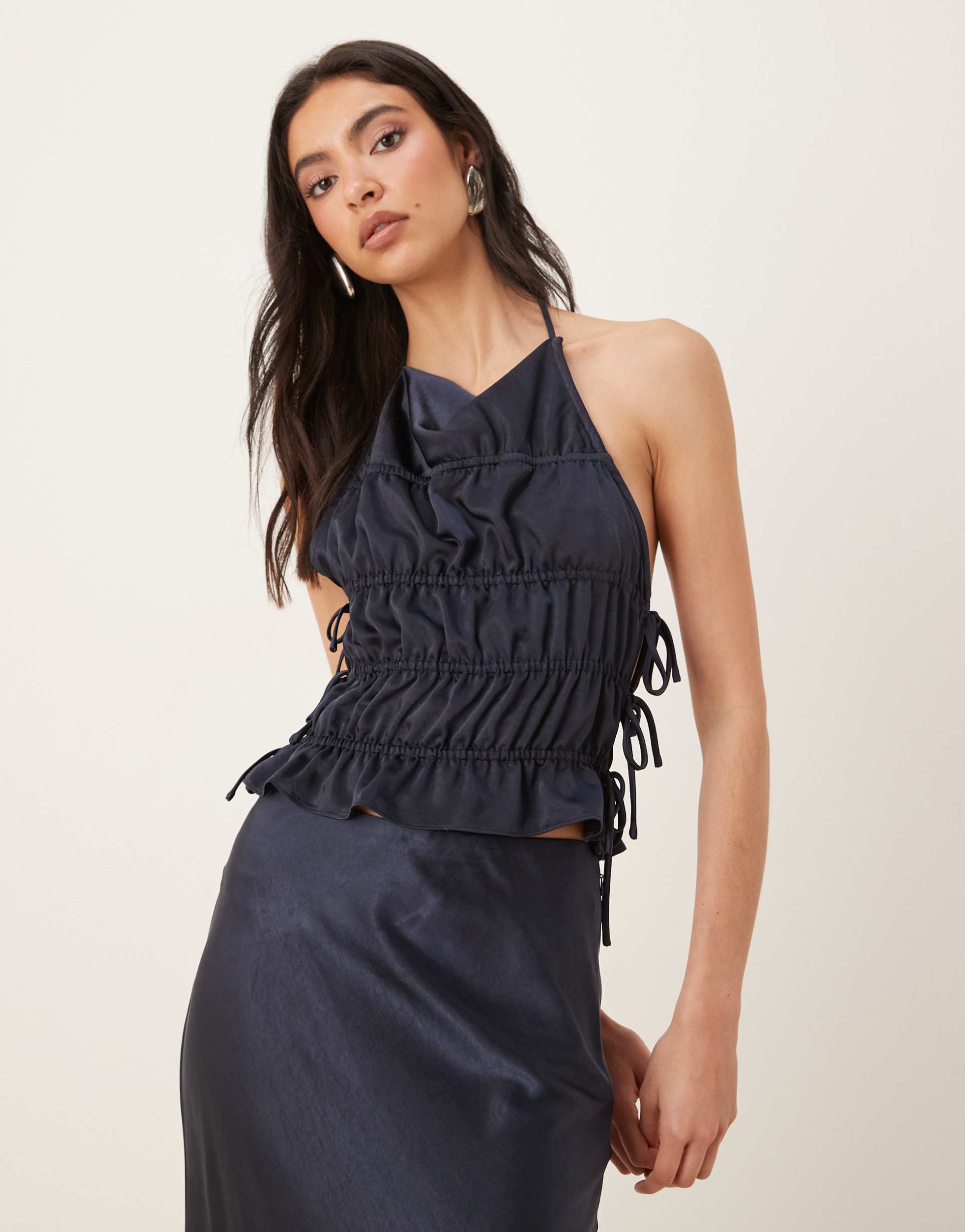 nia balboa shirred satin halterneck top in navy - part of a set