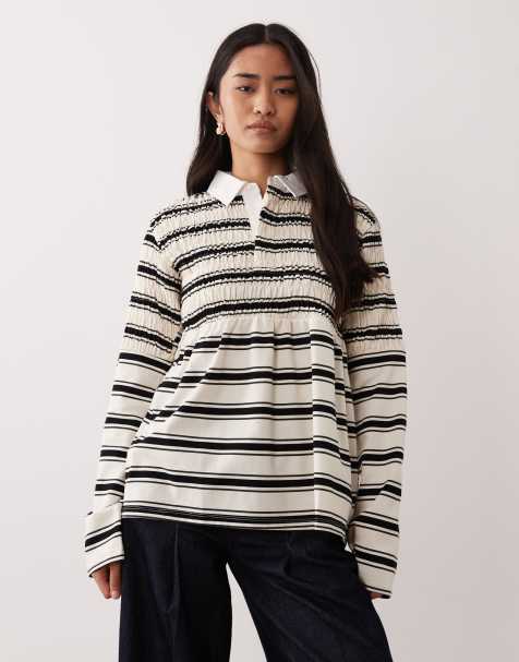 NIA Barrington shirred collared polo striped top in ivory - view 1