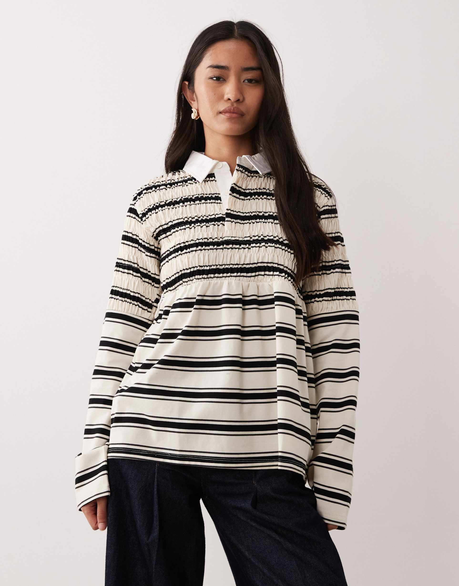 nia barrington shirred collared polo striped top in ivory