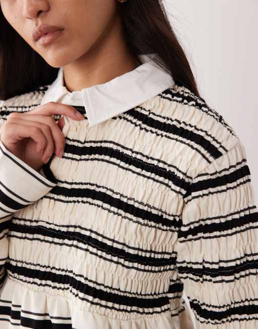 NIA Barrington shirred collared polo striped top in ivory, 3 of 4