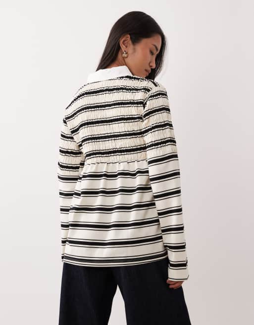 NIA Barrington shirred collared polo striped top in ivory, 4 of 4