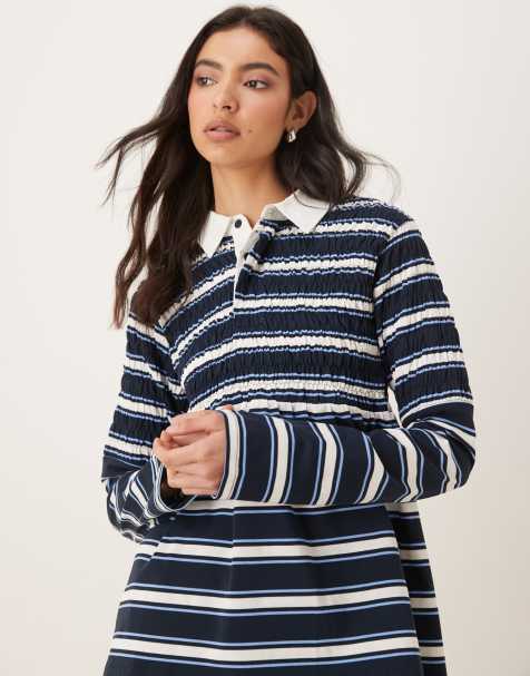 NIA Barrington shirred collared polo striped top in navy - view 1