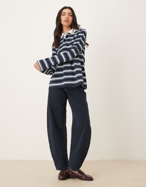 NIA Barrington shirred collared polo striped top in navy, 2 of 4