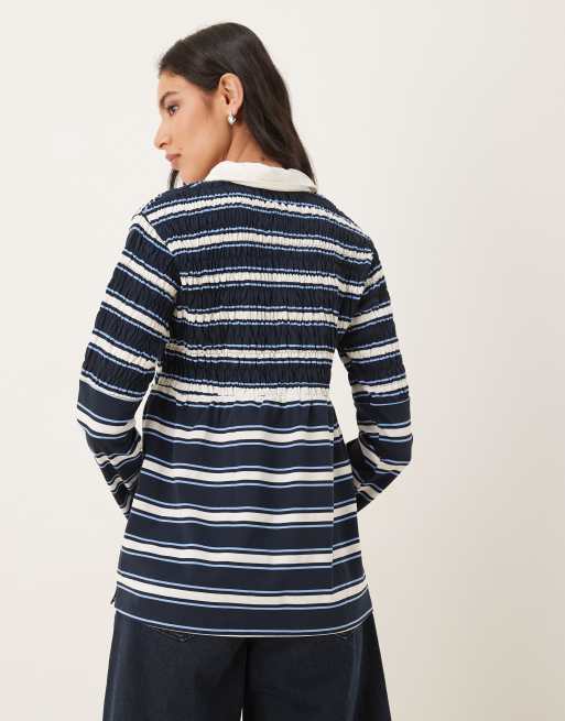 NIA Barrington shirred collared polo striped top in navy, 3 of 4