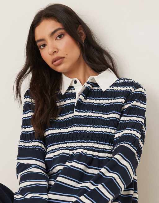 NIA Barrington shirred collared polo striped top in navy, 4 of 4