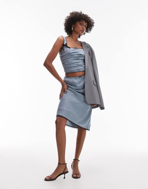 Nia bow detail slate blue satin set