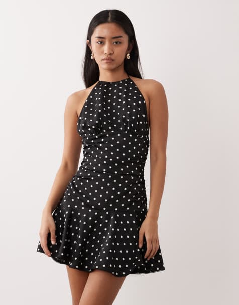 NIA Cahuenga halter neck polka dot dress in black