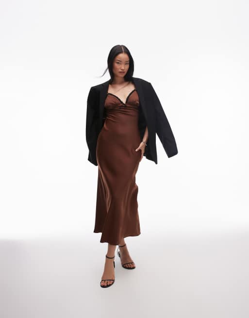 Nia Camille satin cami maxi dress in chocolate brown