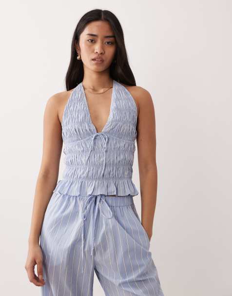 NIA Chandler co-ord halter neck shirred top in blue stripe - view 1