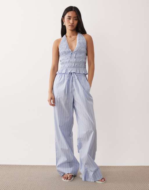 NIA Chandler co-ord halter neck shirred top in blue stripe, 2 of 4