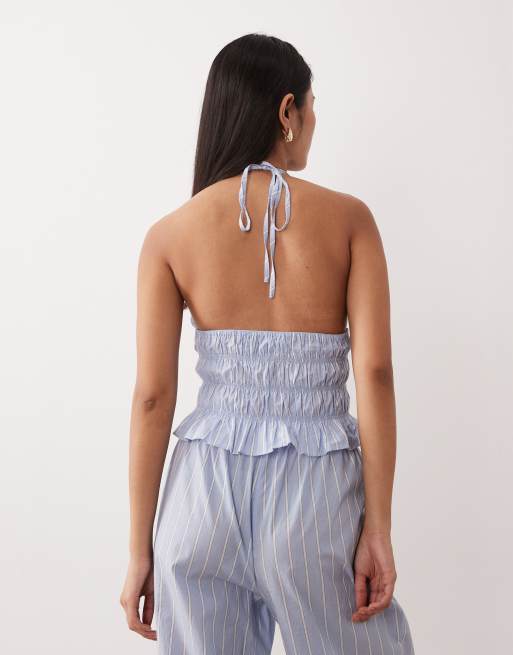 NIA Chandler co-ord halter neck shirred top in blue stripe, 4 of 4