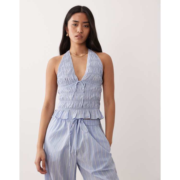 NIA Chandler halter neck shirred top in blue stripe - part of a