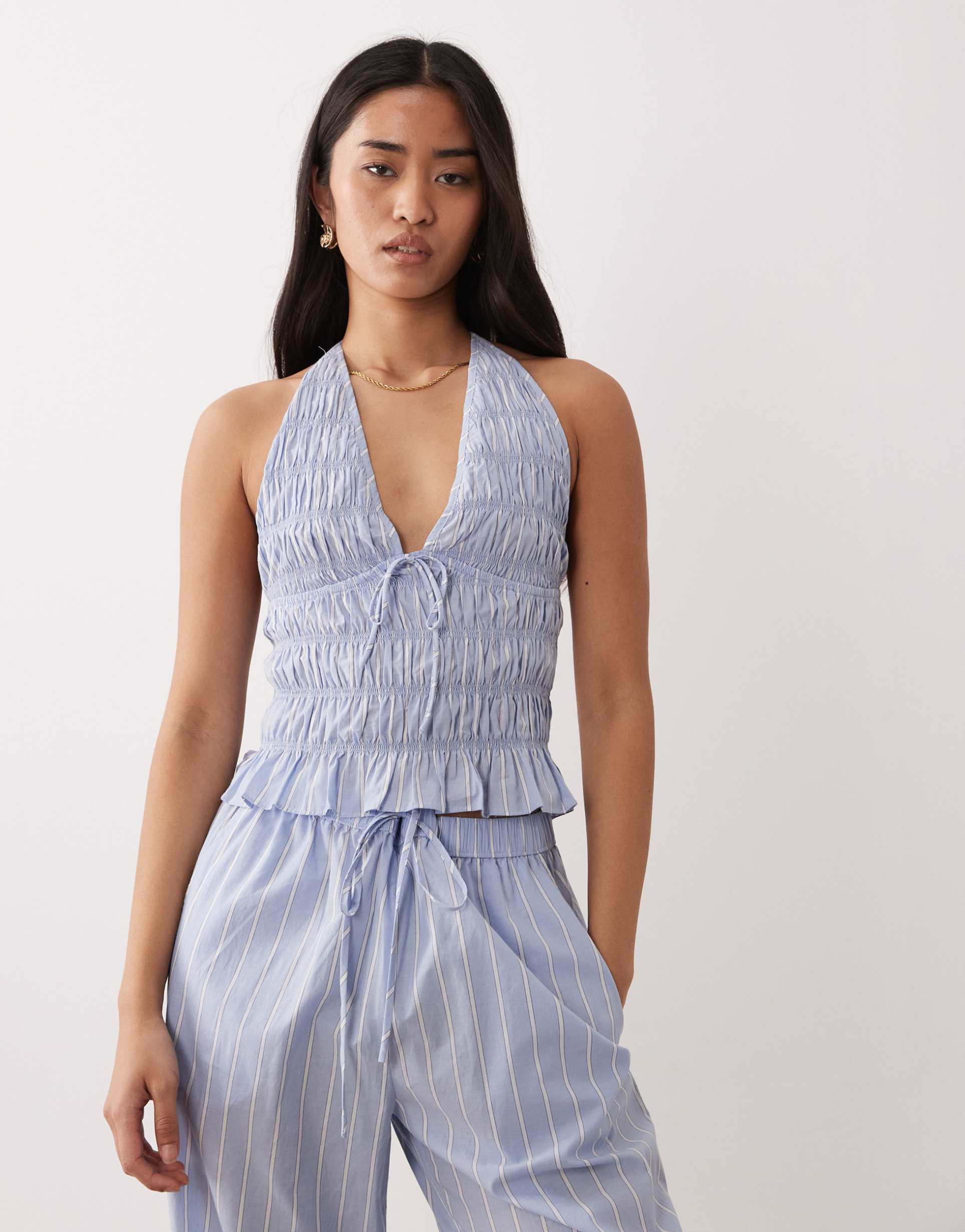 nia chandler halter neck shirred top in blue stripe - part of a set