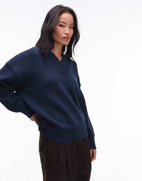NIA Chia v neck chunky sweater in navy - view 1