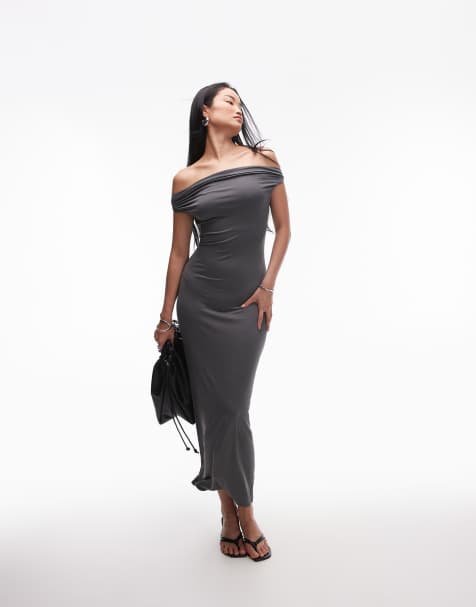 Nia clara slinky off-shoulder maxi dress in charcoal gray - view 1