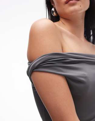 Shop Nia Clara Slinky Off-shoulder Maxi Dress In Gray