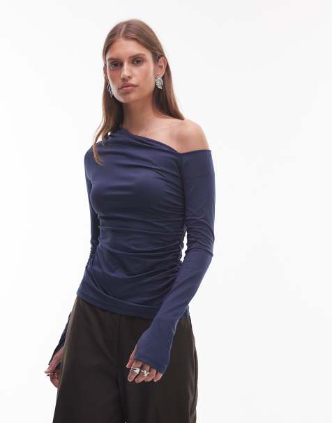 NIA Cleo off shoulder long sleeve slinky top in navy