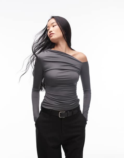 Nia cleo off-shoulder slinky top in charcoal - view 1