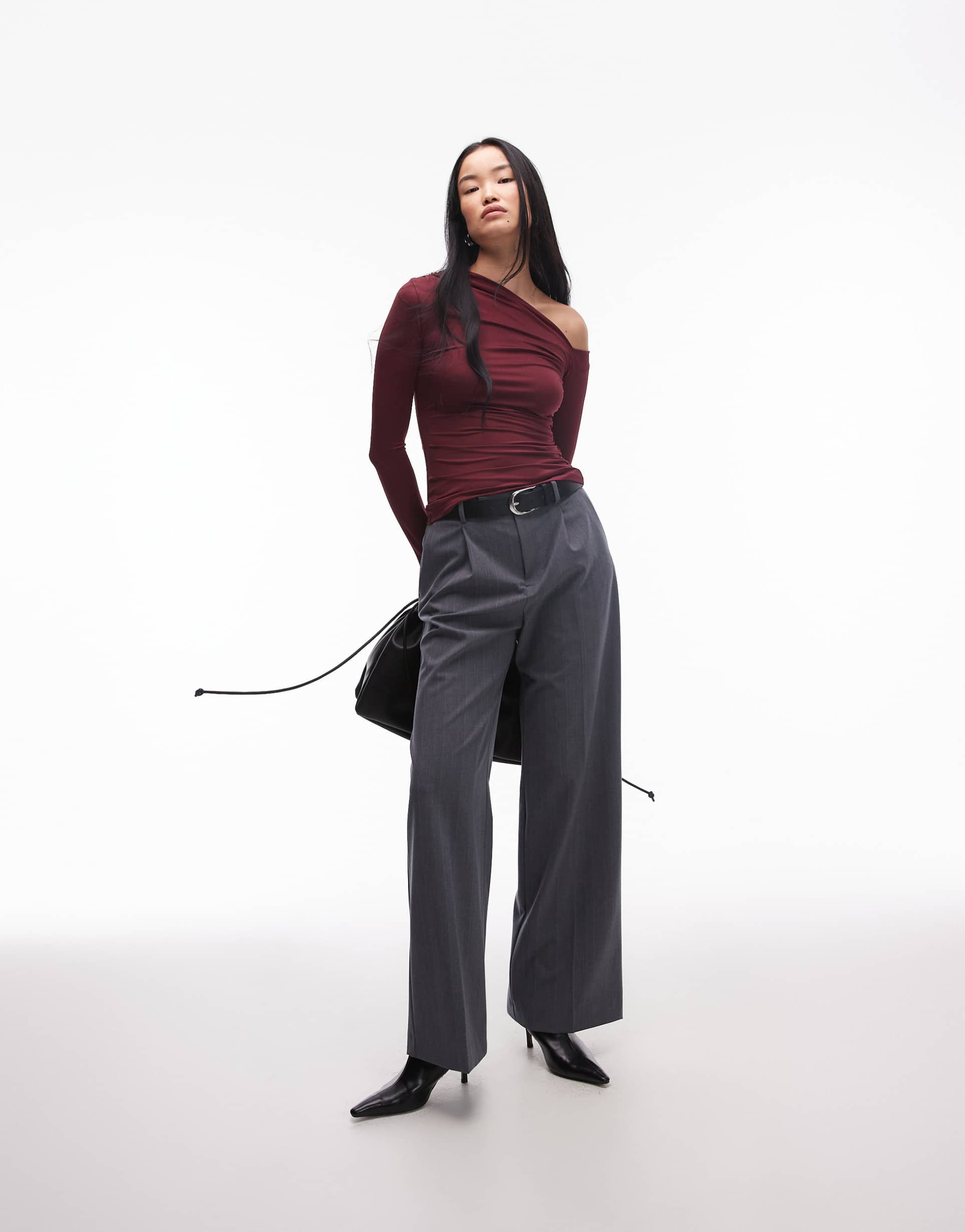 nia cleo off-shoulder slinky top in oxblood