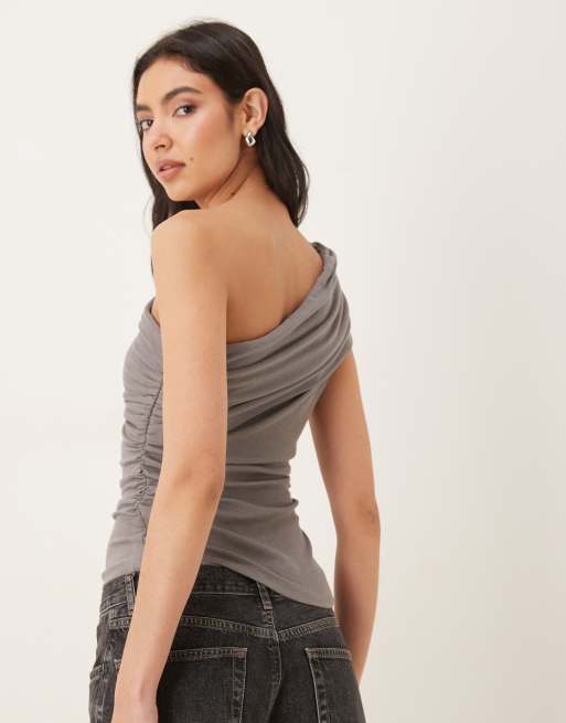 NIA coldwater one shoulder ruched top in grey, 3 of 4