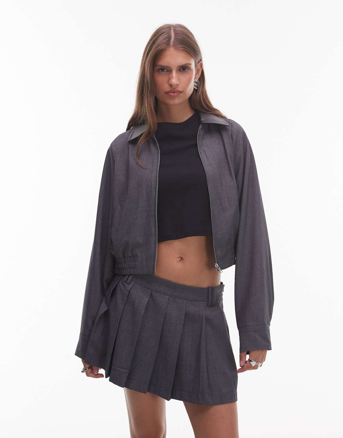 NIA Daniel cropped bomber jacket with collar in charcoal in CHARCOAL