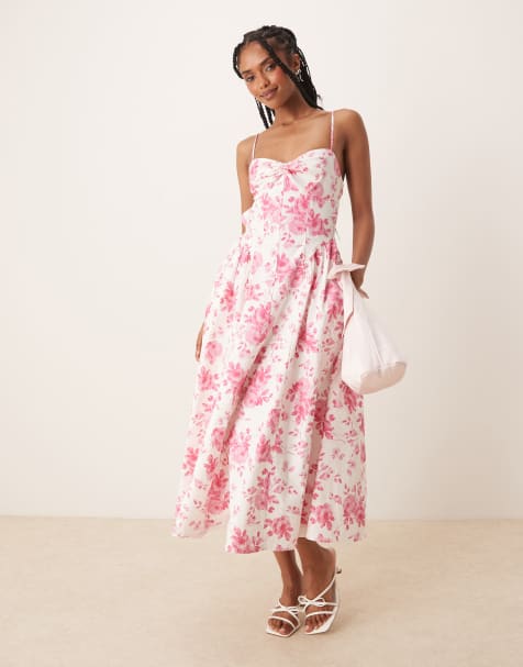 Nia destene toile print bustle effect camisole dress in white and pink