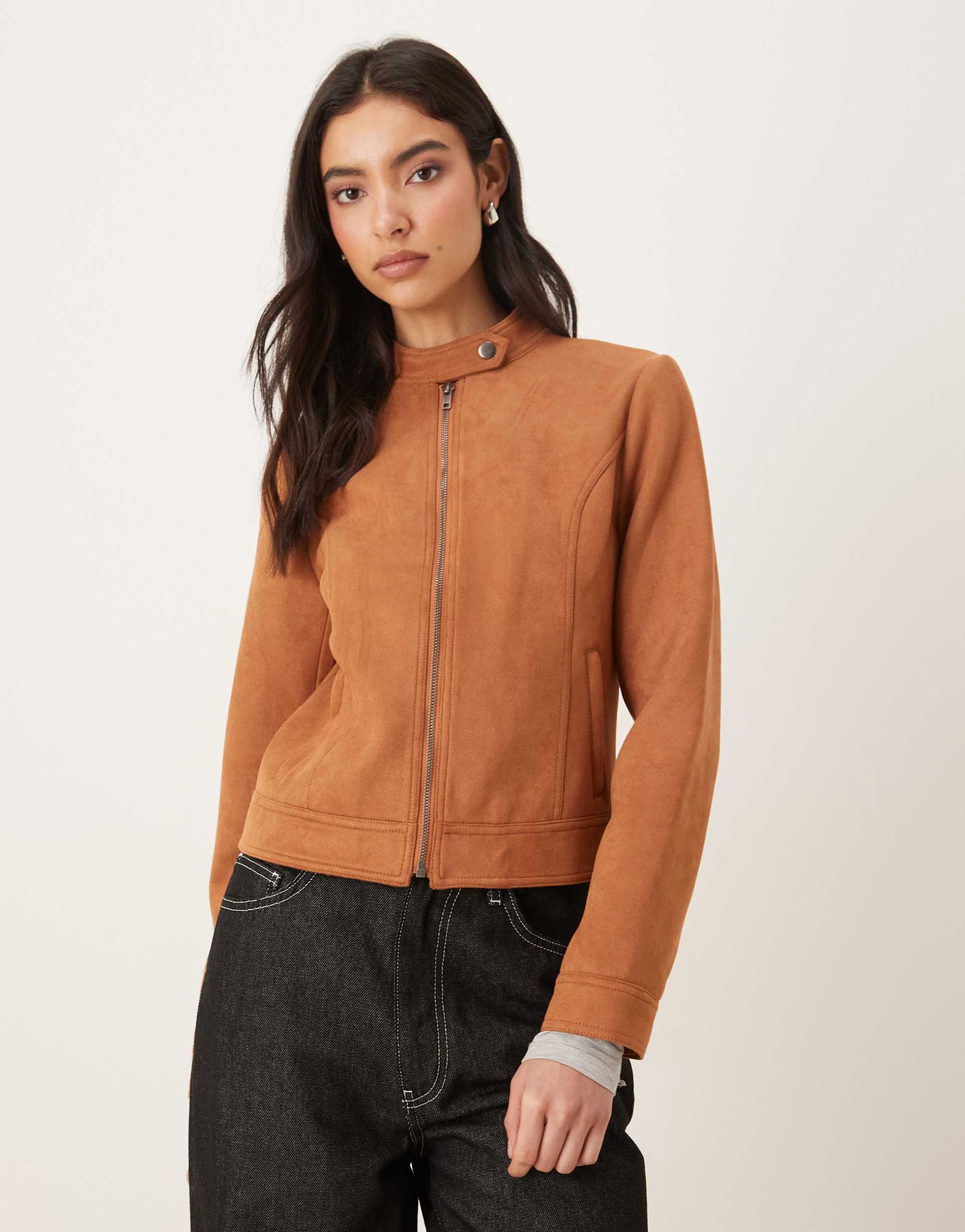nia effie moto faux suede jacket in tan