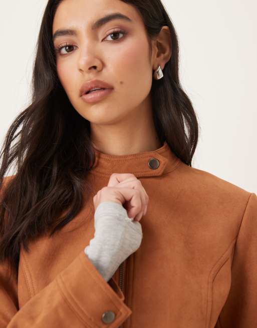 NIA Effie Moto faux suede jacket in tan, 4 of 4