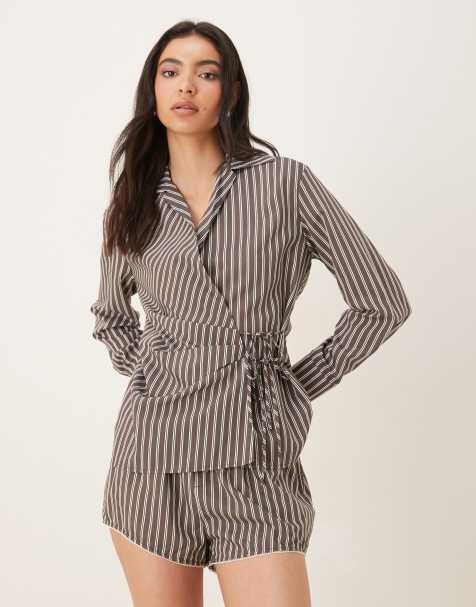 NIA Eliska striped tie waist shirt in chambray coffee (part of a set) - view 1