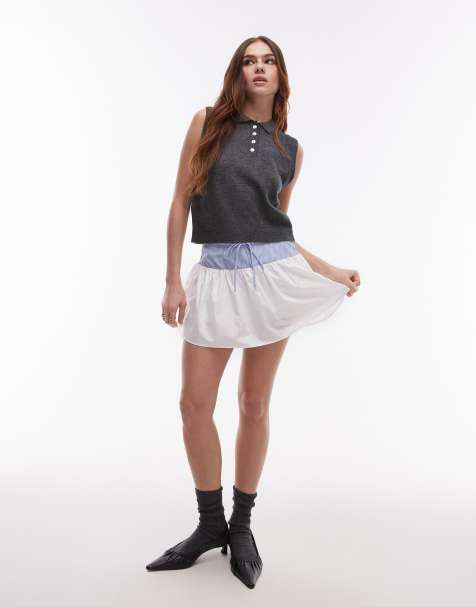 Nia evie contrast waistband tie-detail mini skort in white and chambray blue