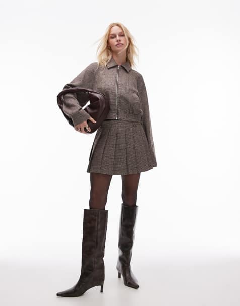 Nia fennel herringbone pleated skort co-ord in brown - view 1