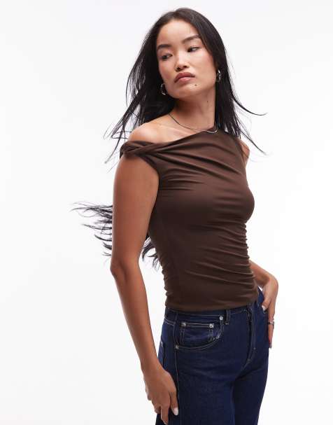 NIA Fraise slinky twist off shoulder top in espresso