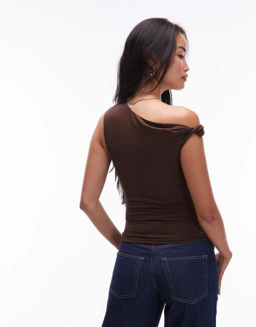 NIA Fraise slinky twist off shoulder top in espresso, 3 of 4