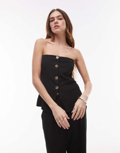 Nia Grainge linen look button through bandeau top in black (part of a set) - view 1