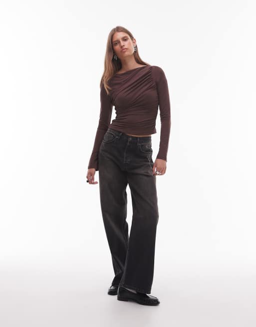 NIA Isabeau boat neck long sleeve top in espresso, 2 of 4