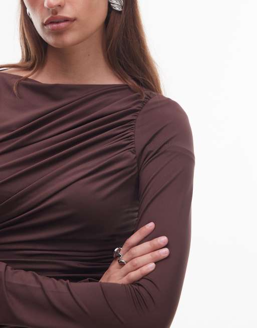 NIA Isabeau boat neck long sleeve top in espresso, 3 of 4