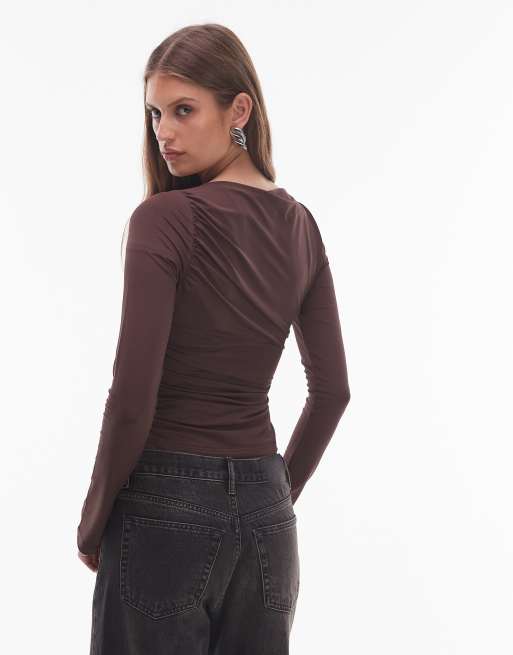 NIA Isabeau boat neck long sleeve top in espresso, 4 of 4