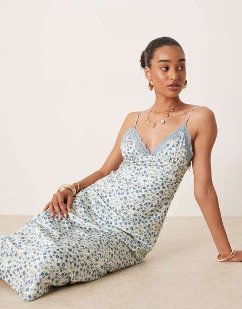 Nia jasmine ditsy print satin midaxi cami dress in light blue - view 1
