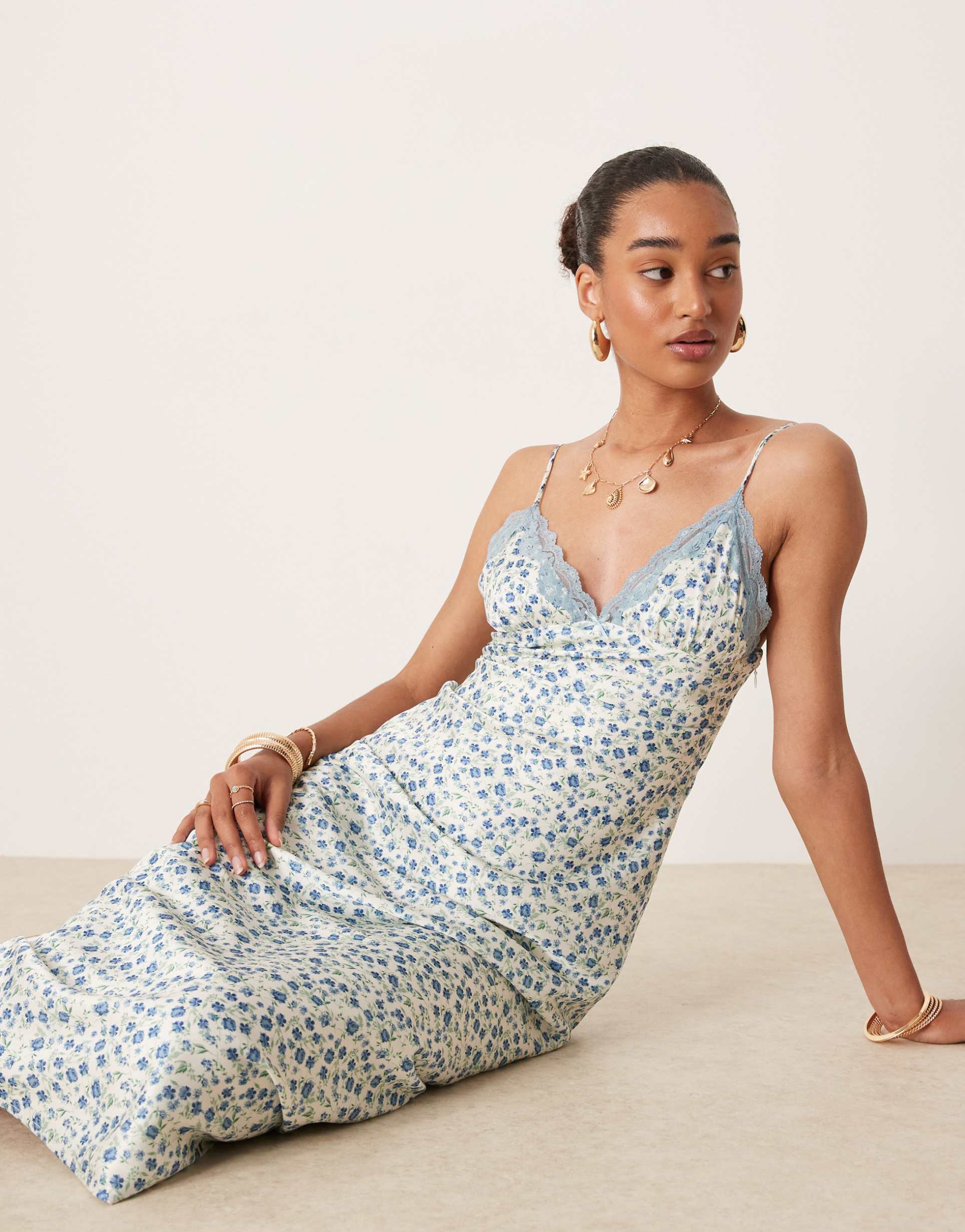 nia jasmine ditsy print satin midaxi cami dress in light blue