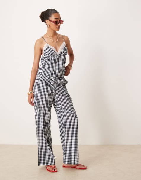 Nia Khonny gingham wide leg pants in navy - view 1